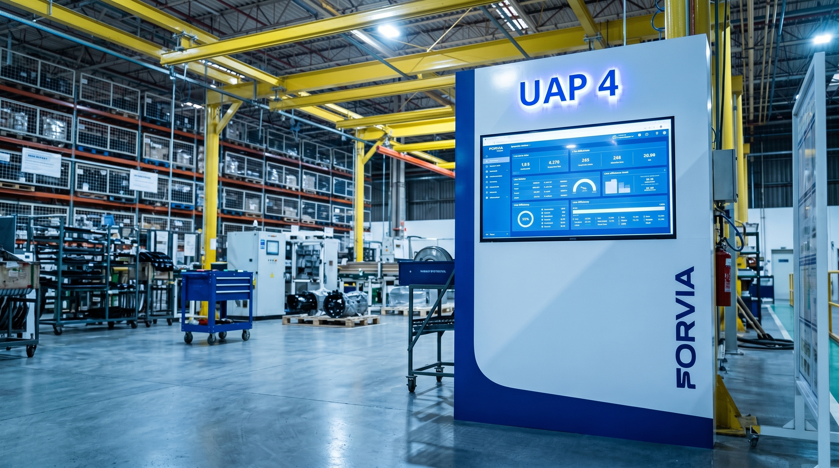 Totem UAP 04 com dashboard instalado na FORVIA — gestão visual industrial